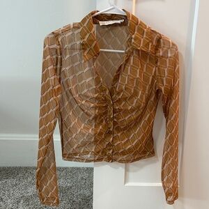 Astr Sheer Brown Geometric Button Down Shirt